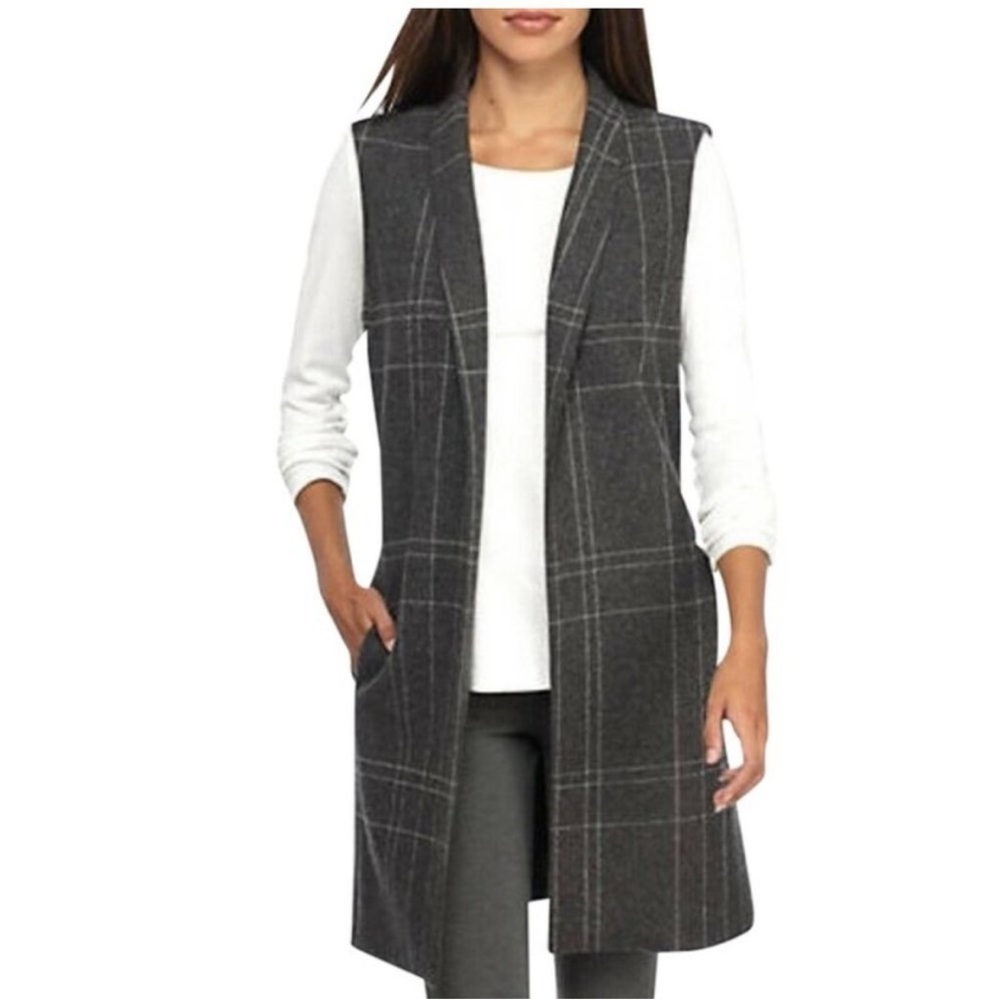 Eileen Fisher Windowpane Wool Sweater Longline Vest Charcoal Plaid Gray Academia